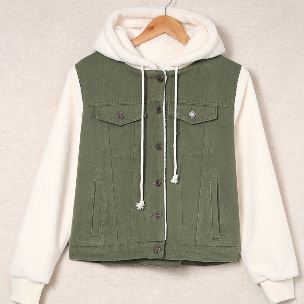 Two-Tone Spliced Denim Sherpa Hooded Jacket